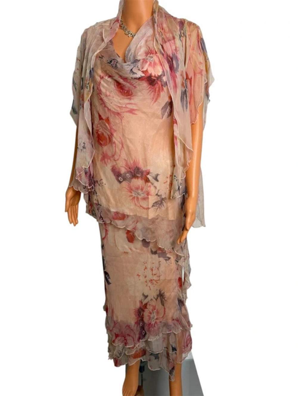 Alain Murati Y2K 3pc Set Floral Chiffon Skirt Top Sheer Cardigan Romantic Size M